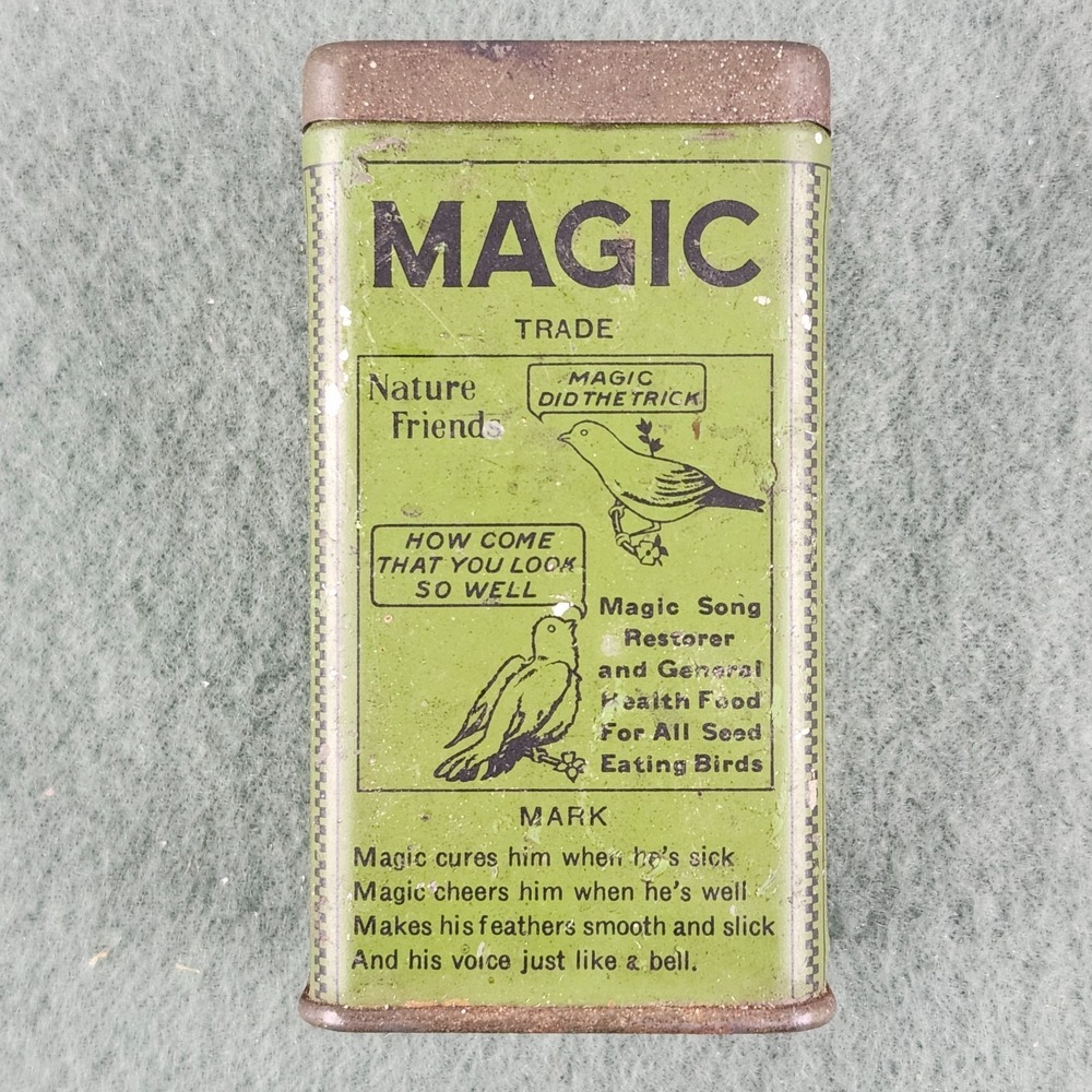 Vintage Bird‎ Feed Tin Can MAGIC Song Restorer Food Seed Song Birds Green Tin
